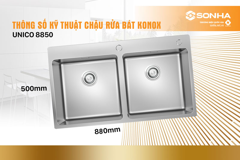 Thông số chậu rửa bát Konox 8850 Topmount Unico