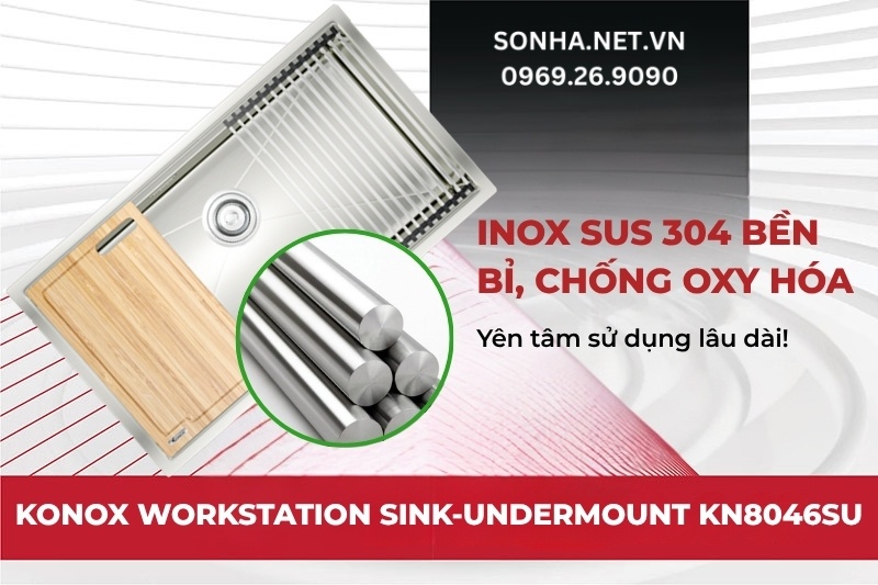 Bồn rửa ch&eacute;n 1 hộc Konox KN8046SU được sản xuất từ inox SUS 304