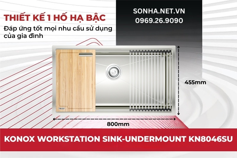 Chậu rửa b&aacute;t inox Konox KN8046SU c&oacute; thiết kế 1 hố lớn hạ bậc