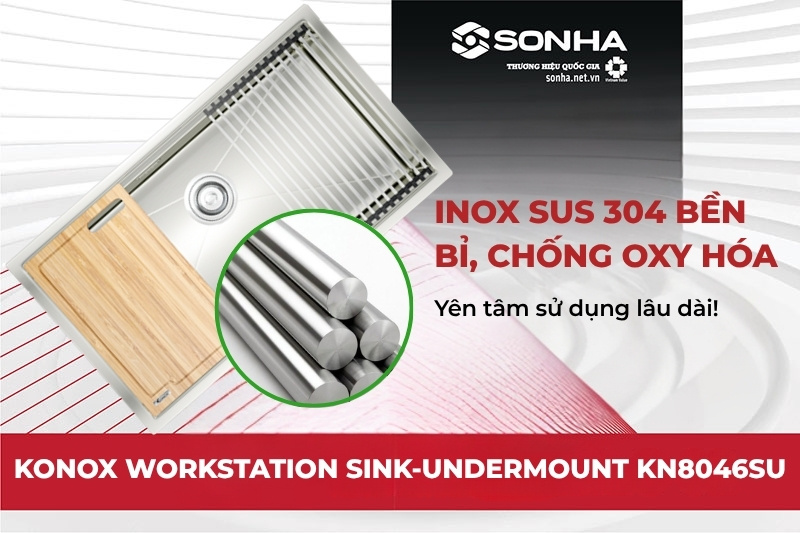 Bồn rửa chén 1 hộc Konox KN8046SU được sản xuất từ inox SUS 304