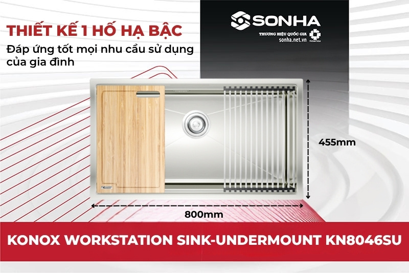 Chậu rửa bát inox Konox KN8046SU có thiết kế 1 hố lớn hạ bậc
