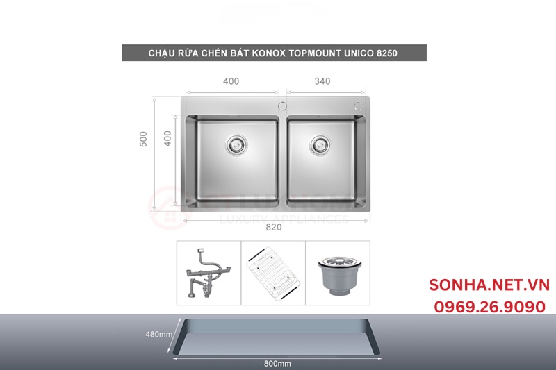 Chậu rửa b&aacute;t 2 hố KONOX Topmount UNICO 8250