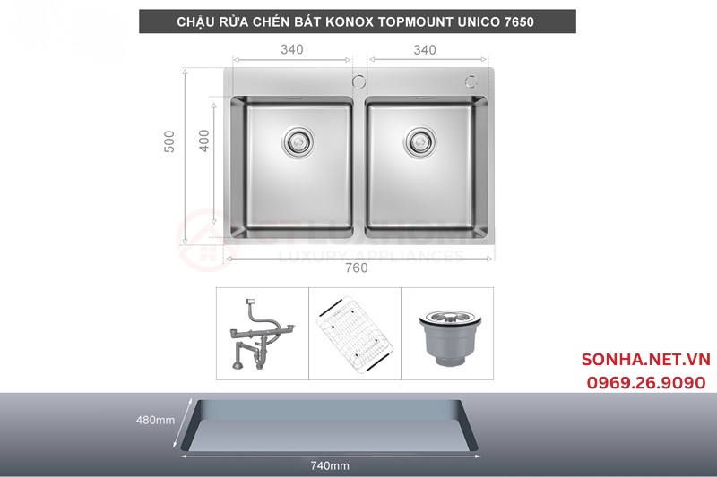 Chậu rửa bát 2 hố KONOX Topmount UNICO 7650