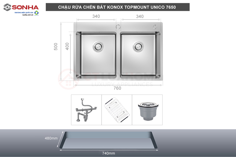 Chậu rửa bát 2 hố KONOX Topmount UNICO 7650