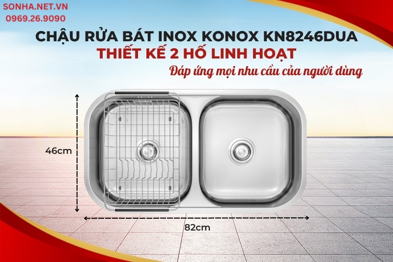 Chậu rửa bát Konox KN8246DUA có thiết kế 2 hố cân, đáp ứng mọi nhu cầu sử dụng