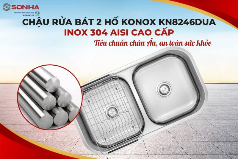 Chậu rửa bát 2 hố Konox KN8246DUA được sản xuất từ chất liệu inox 304 cao cấp