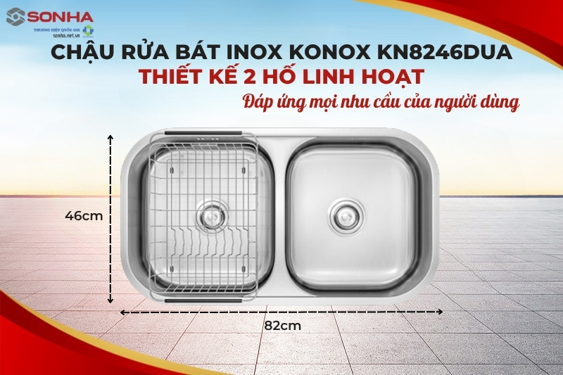 Chậu rửa bát Konox KN8246DUA có thiết kế 2 hố cân
