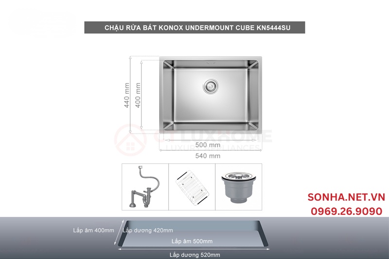 Chậu rửa b&aacute;t 1 hố KONOX Undermount CUBE 5444SU