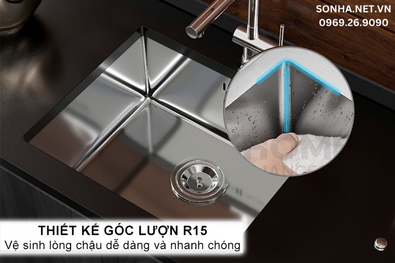 Thiết kế g&oacute;c lượn R15 cho ph&eacute;p vệ sinh l&ograve;ng chậu nhanh ch&oacute;ng v&agrave; dễ d&agrave;ng