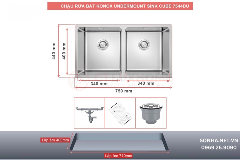 Chậu rửa bát 2 hố KONOX Undermount CUBE 7544DU