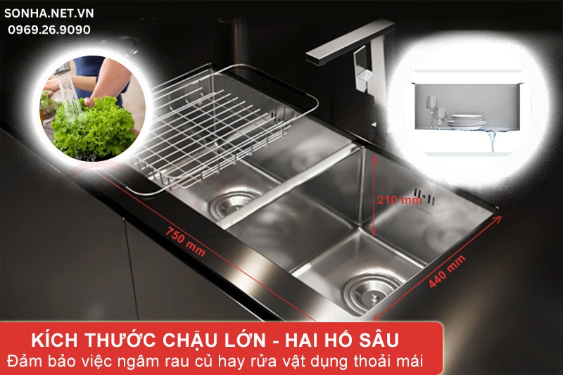 Thiết kế 2 hố diện tích tối ưu đảm bảo việc ngâm rửa rau củ, đồ dùng thoải mái