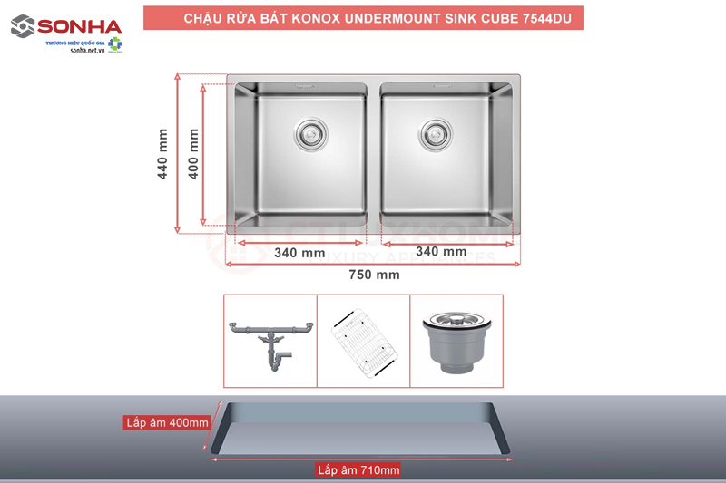 Chậu rửa bát 2 hố KONOX Undermount CUBE 7544DU