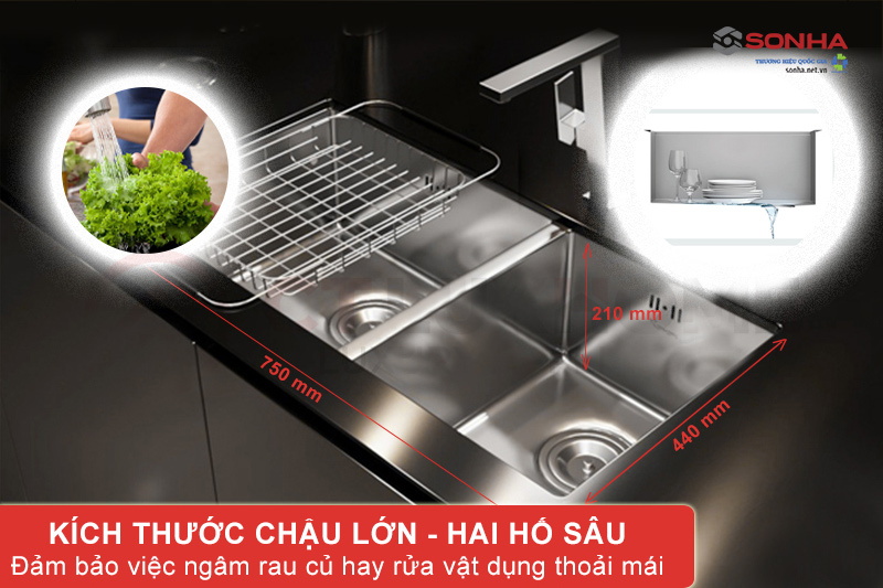 Thiết kế 2 hố diện tích tối ưu đảm bảo việc ngâm rửa rau củ, đồ dùng thoải mái