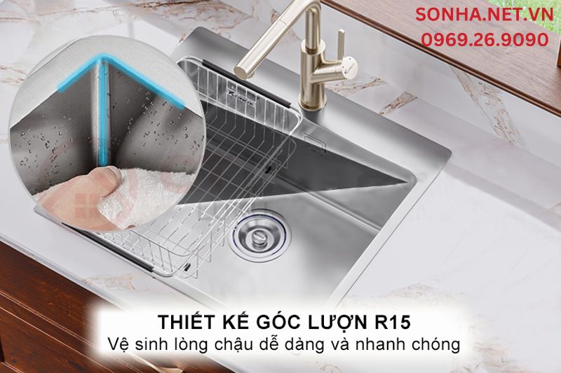 G&oacute;c lượn R15 tinh tế gi&uacute;p vệ sinh l&ograve;ng chậu dễ d&agrave;ng