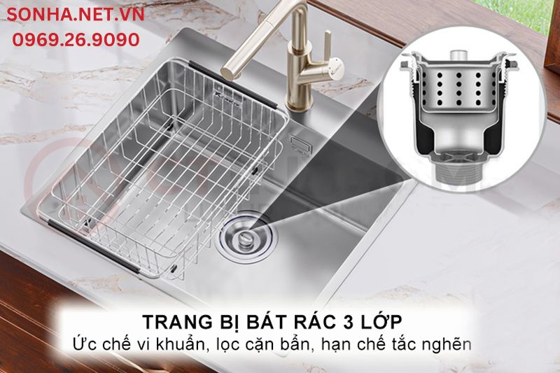 Trang bị b&aacute;t r&aacute;c 3 lớp ức chế vi khuẩn sinh trưởng, lọc cặn bẩn, hạn chế tắc ống tho&aacute;t nước