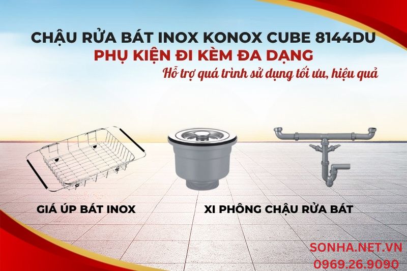 Chậu rửa bát Konox Undermount CUBE 8144DU đa dạng phụ kiện đi kèm