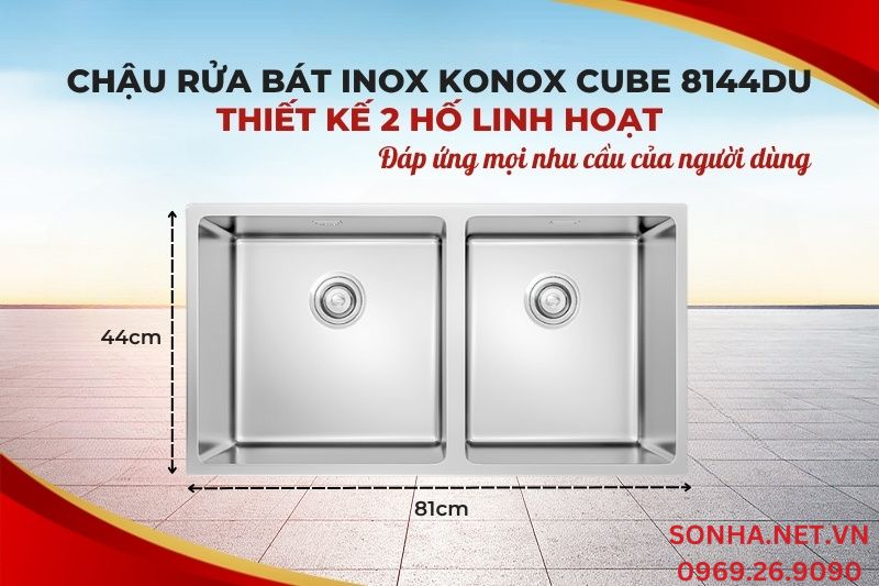 Chậu rửa bát Konox Undermount CUBE 8144DU có thiết kế 2 hố lệch tiện ích