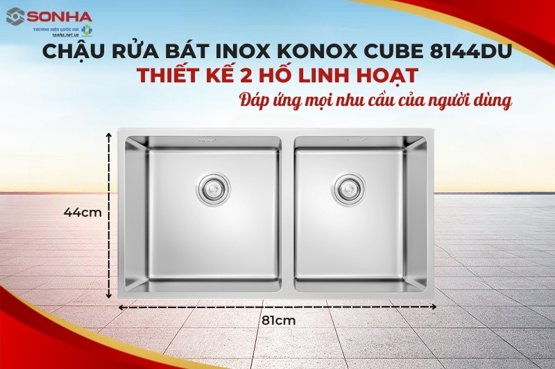 Chậu rửa bát Konox Undermount CUBE 8144DU có thiết kế 2 hố lệch tiện ích