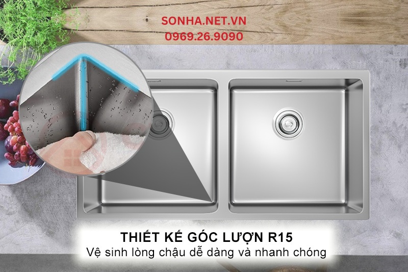 Thiết kế góc lượn R15 cho phép vệ sinh lòng chậu nhanh chóng và dễ dàng