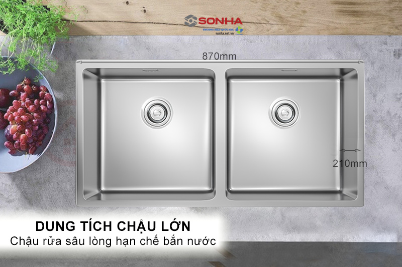 Chậu rửa bát 2 hố kích thước lớn sử dụng thoải mái