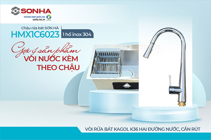 Chậu rửa 1 hố Sơn Hà HMX1C6023 và vòi Kagol K36