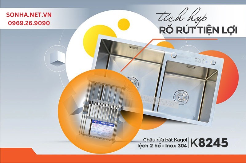 Mua chậu Kagol K8245-304 tặng kèm rổ rút tiện lợi