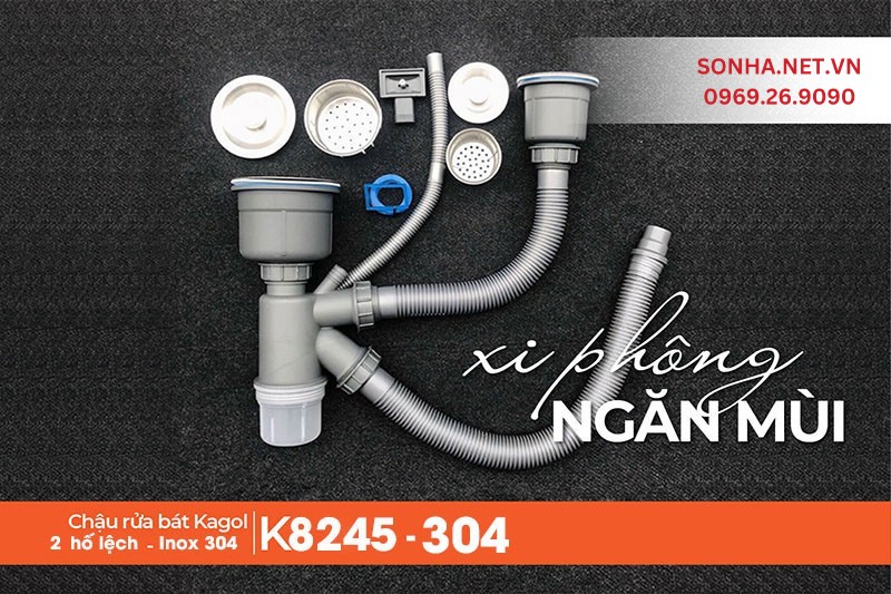 Xi phông chậu Kagol K8245-304 2 hố lệch làm từ nhựa cao cấp