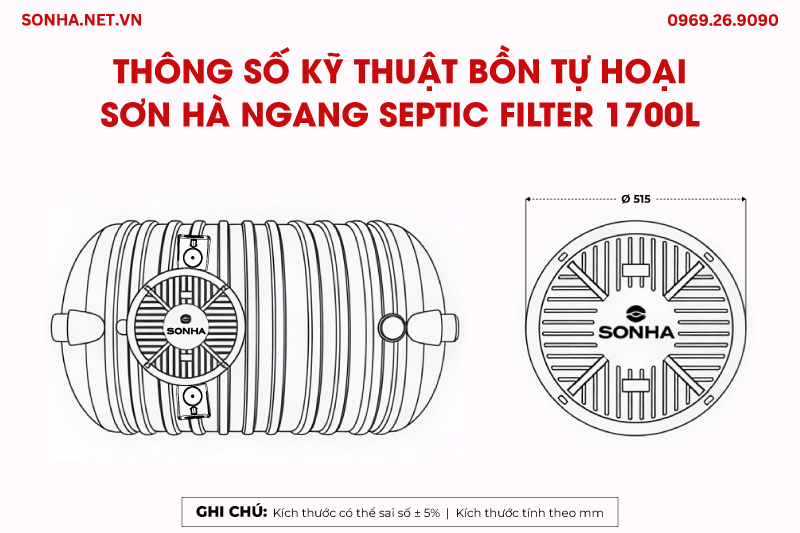 Kích thước bồn tự hoại Sơn Hà ngang Septic Filter 1700L