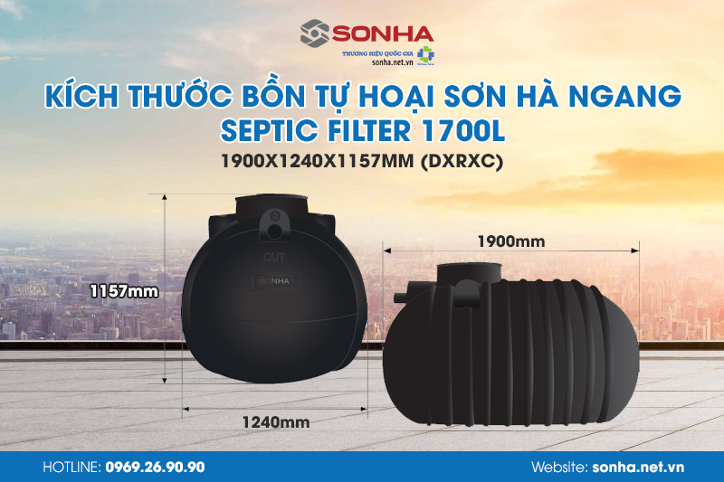 Kích thước bồn tự hoại Sơn Hà ngang Septic Filter 1700L