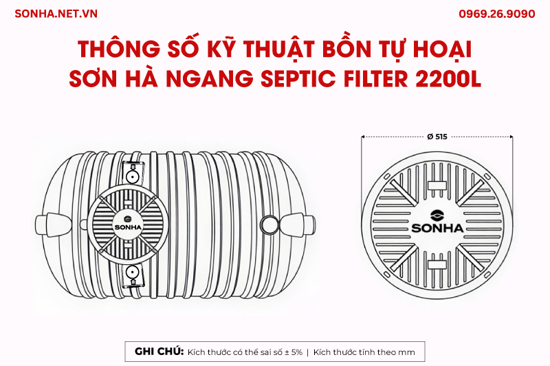 Thông số kỹ thuật bồn tự hoại Sơn Hà ngang Septic 2200L