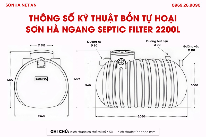 Thông số kỹ thuật bồn tự hoại Sơn Hà ngang Septic 2200L