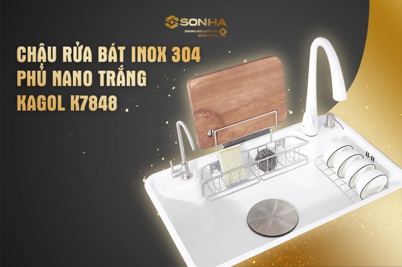 Chậu rửa bát chén inox 304 phủ nano trắng KAGOL K7848 một hố