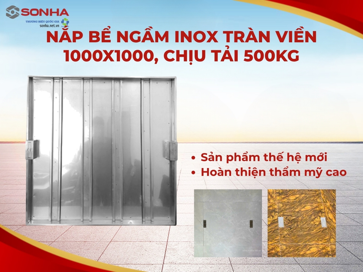 Nắp bể nước ngầm inox tràn viền 1000x1000 chịu tải 500Kg