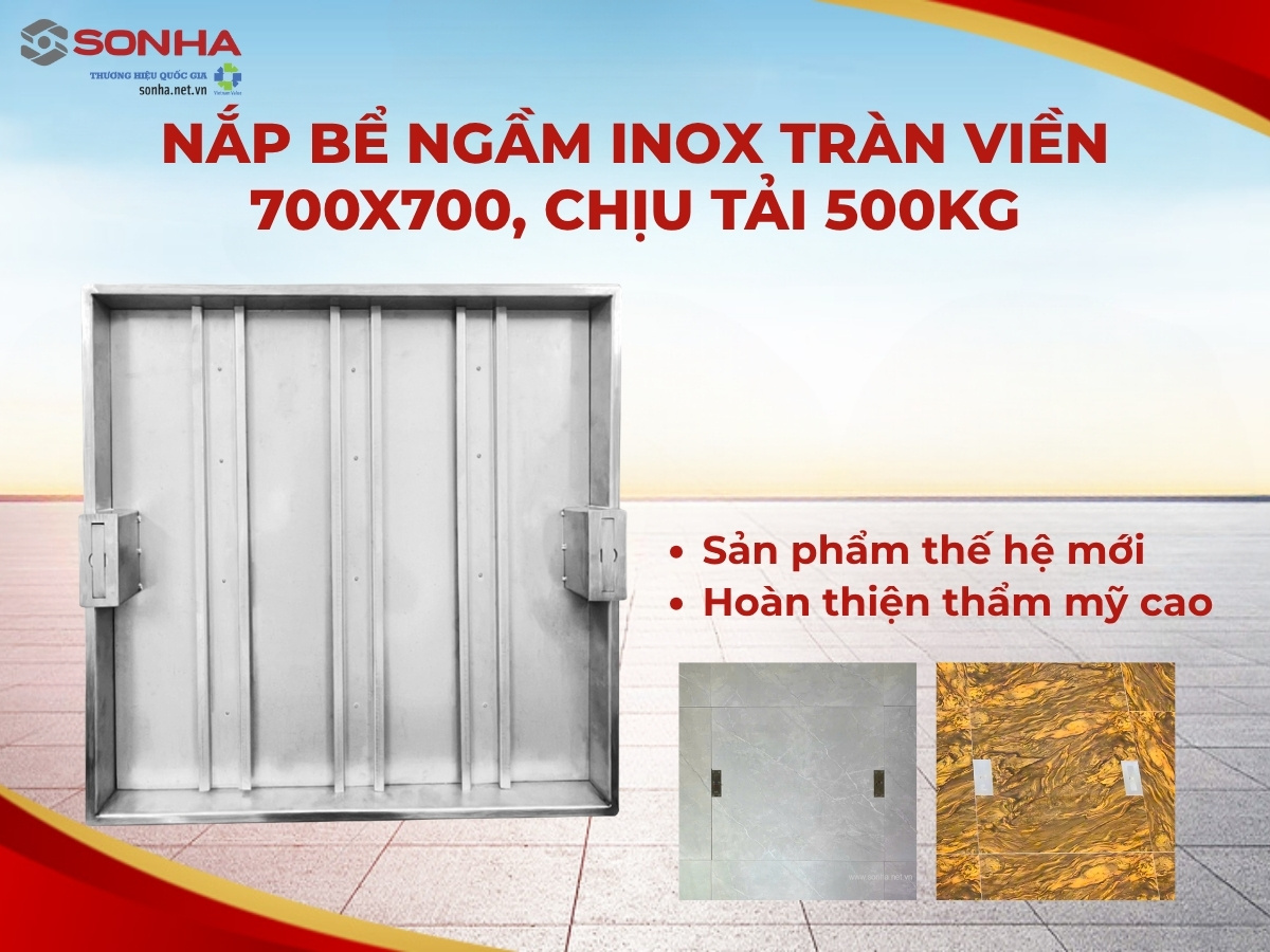 Nắp bể ngầm inox tràn viền 700x700 chịu tải 500Kg