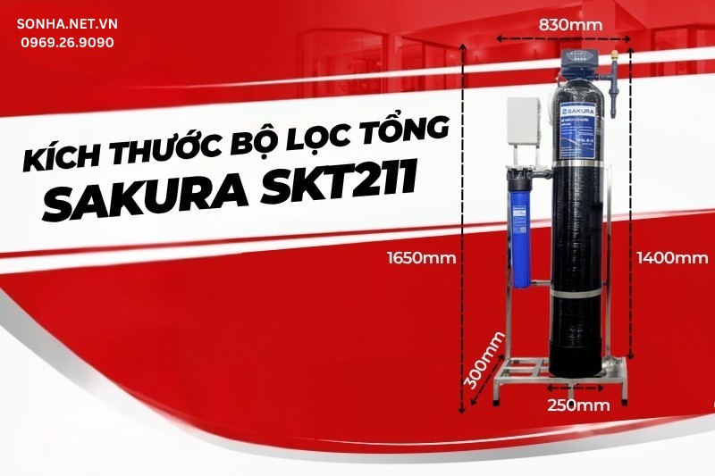 Kích thước bộ lọc nước tổng đầu nguồn Sakura SKT211
