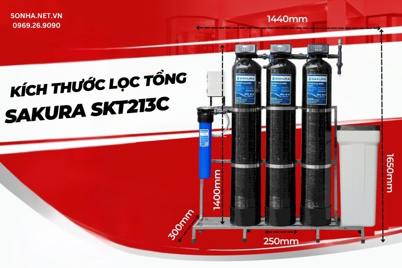 Kích thước hệ thống lọc nước tổng đầu nguồn Sakura SKT213C