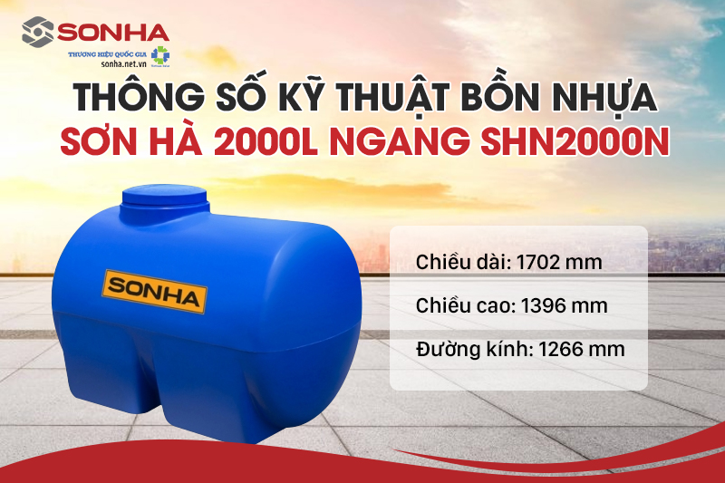 Kích thước bồn nước nhựa Sơn Hà 2000L ngang