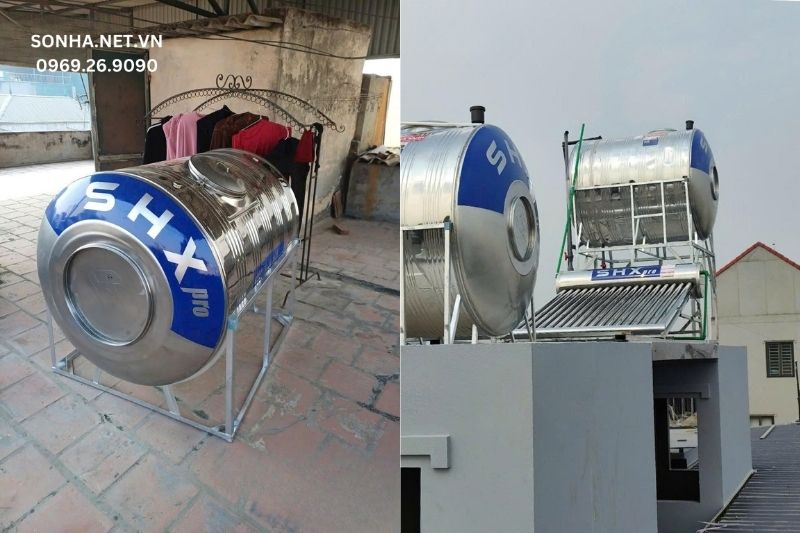H&igrave;nh ảnh lắp đặt thực tế bồn inox Sơn H&agrave; Xanh SHX ngang