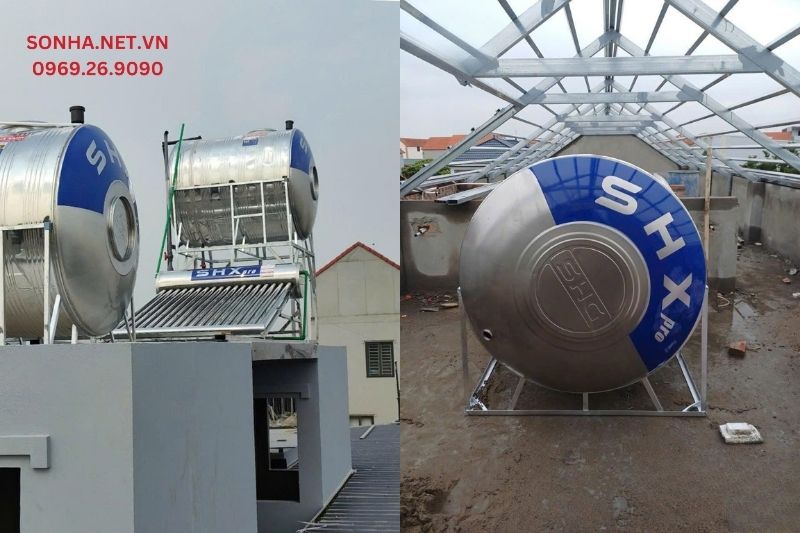 Hình ảnh thực tế lắp đặt bồn Inox Sơn Hà Xanh 3000L ngang