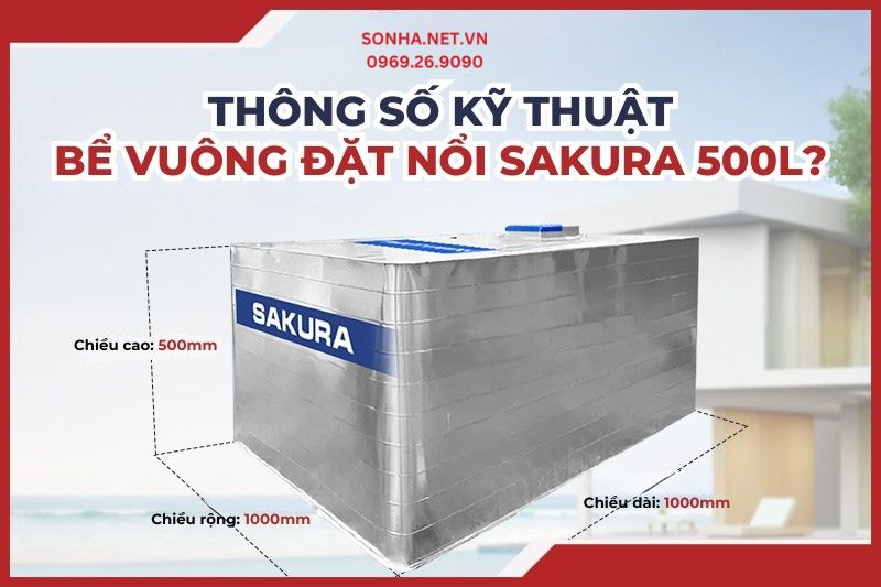Kích thước bể nước vuông đặt nổi inox Sakura 500L