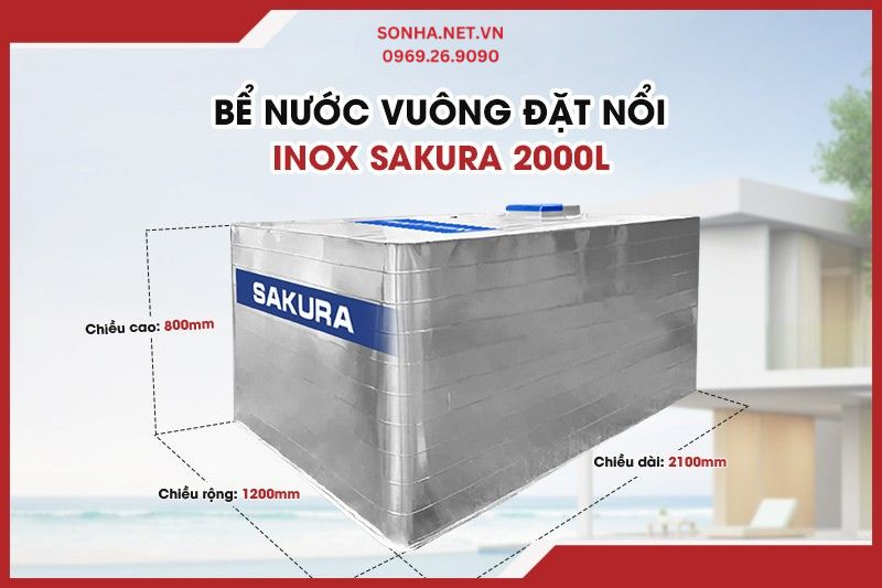 Bể vu&ocirc;ng đặt nổi inox Sakura c&oacute; dung t&iacute;ch 2000L
