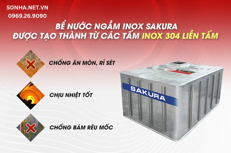 Bể nước ngầm inox Sakura 3500L được l&agrave;m từ inox 304 liền tấm d&agrave;y dặn