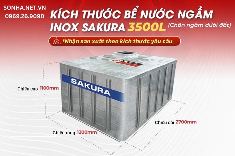 Th&ocirc;ng số kỹ thuật bể ngầm Sakura 3500L