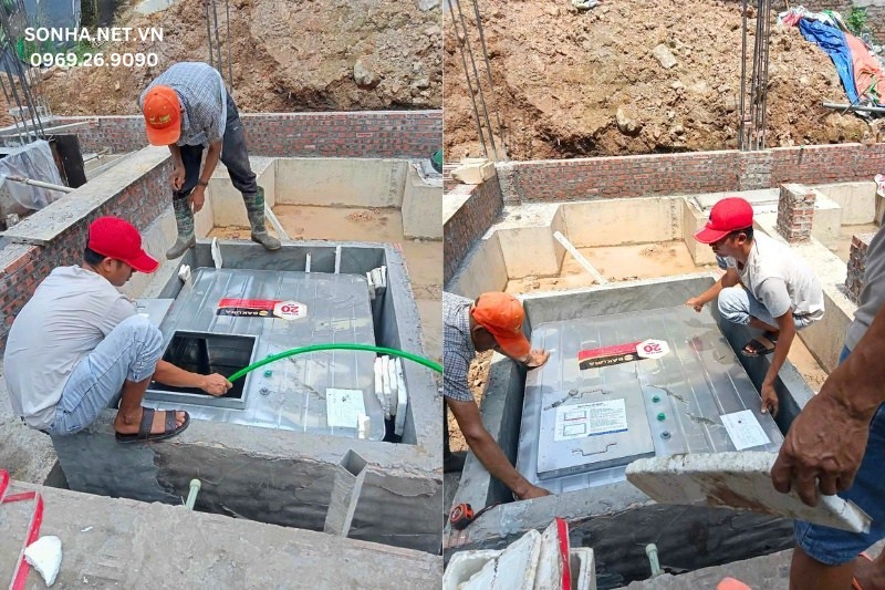 H&igrave;nh ảnh lắp đặt bể nước ch&ocirc;n ngầm inox Sakura