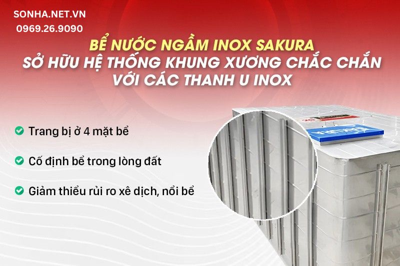 Bể inox ngầm Sakura 10.000L được tối ưu bởi hệ thống khung xương U inox