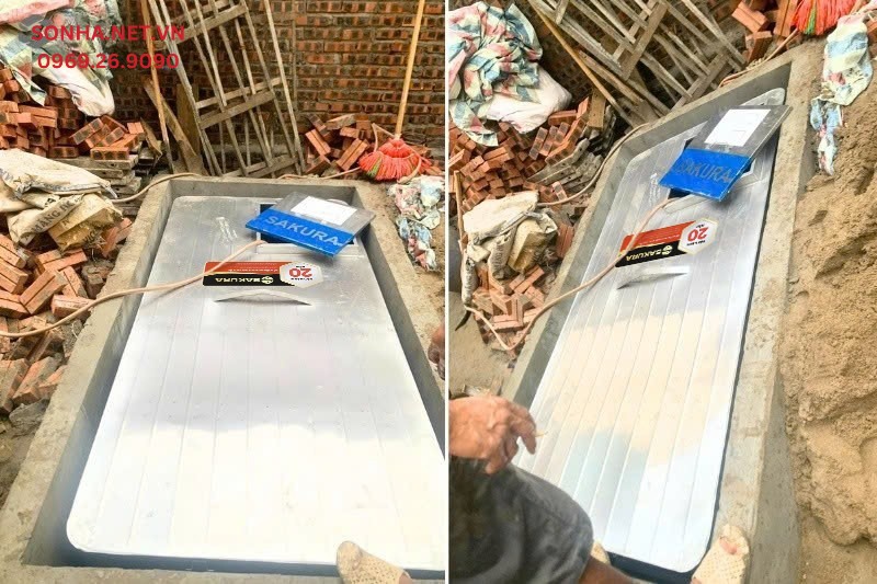 H&igrave;nh ảnh lắp đặt bể nước ch&ocirc;n ngầm inox Sakura tại nh&agrave; kh&aacute;ch h&agrave;ng
