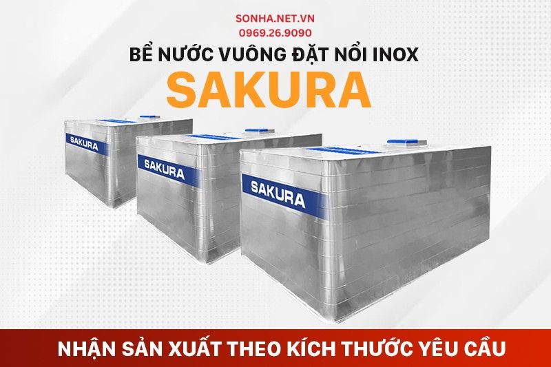 Bể nước vuông inox đặt nổi Sakura - kích thước theo yêu cầu