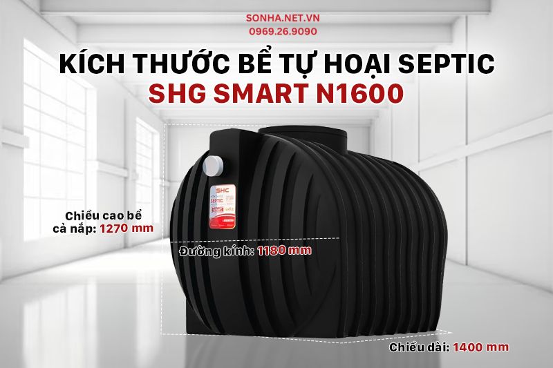 K&iacute;ch thước bể phốt nhựa Sơn H&agrave; Xanh SHG SMART 1600L