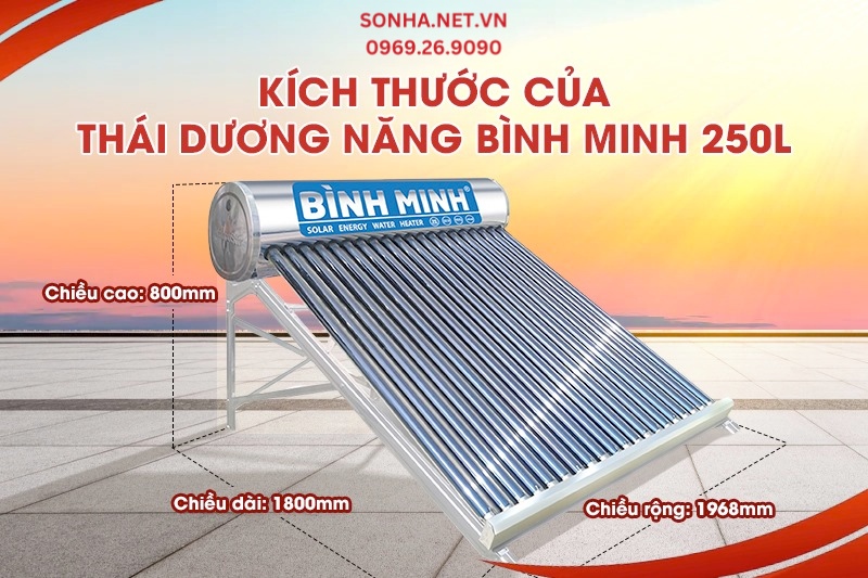 K&iacute;ch thước m&aacute;y nước n&oacute;ng năng lượng mặt trời B&igrave;nh Minh 250L