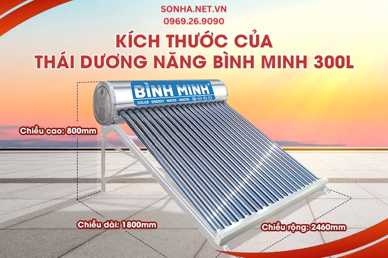 K&iacute;ch thước m&aacute;y nước n&oacute;ng năng lượng mặt trời B&igrave;nh Minh 300L